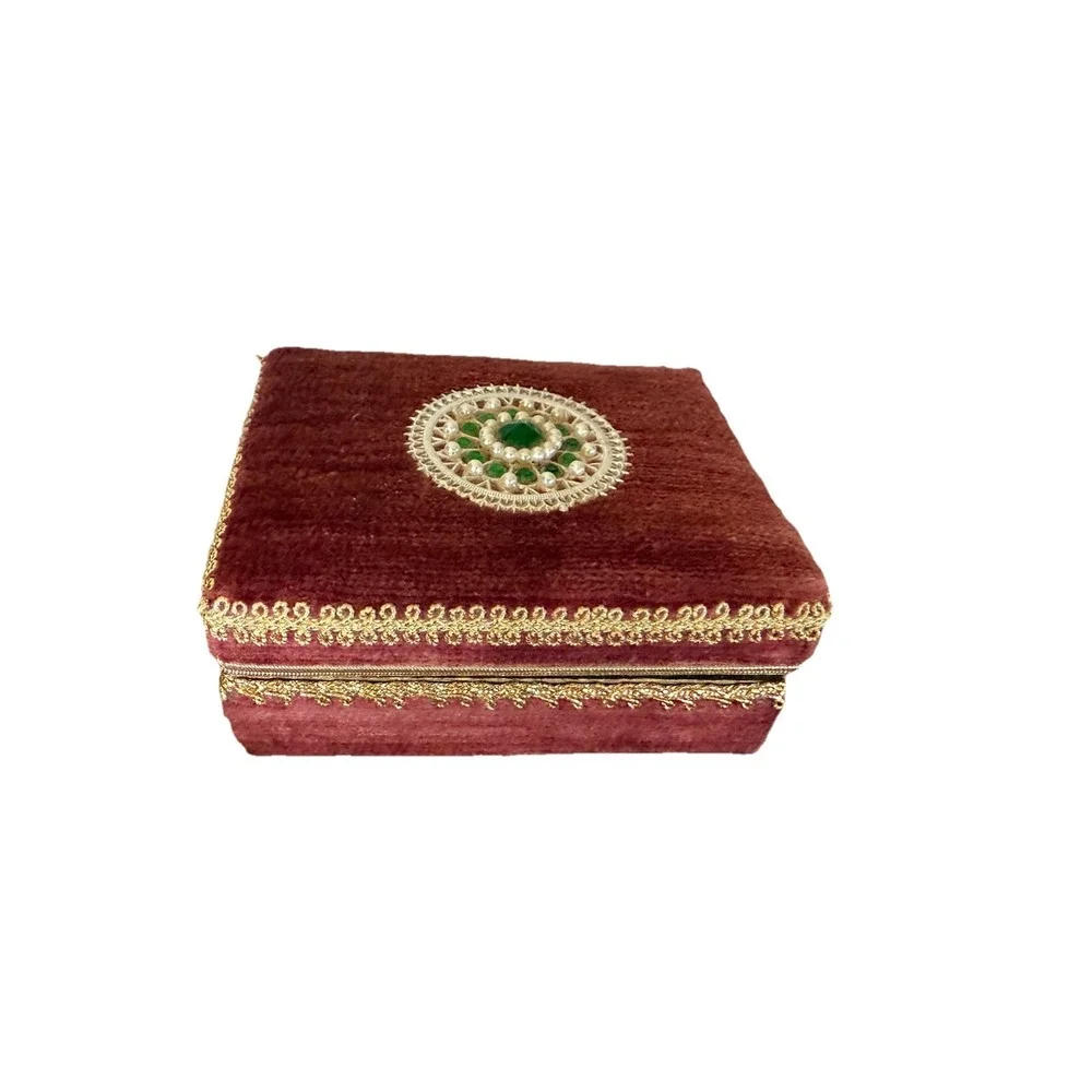 Burgundy Velvet  Embellished Jewelry Box with Gold Floral Accent 4.5x4x2